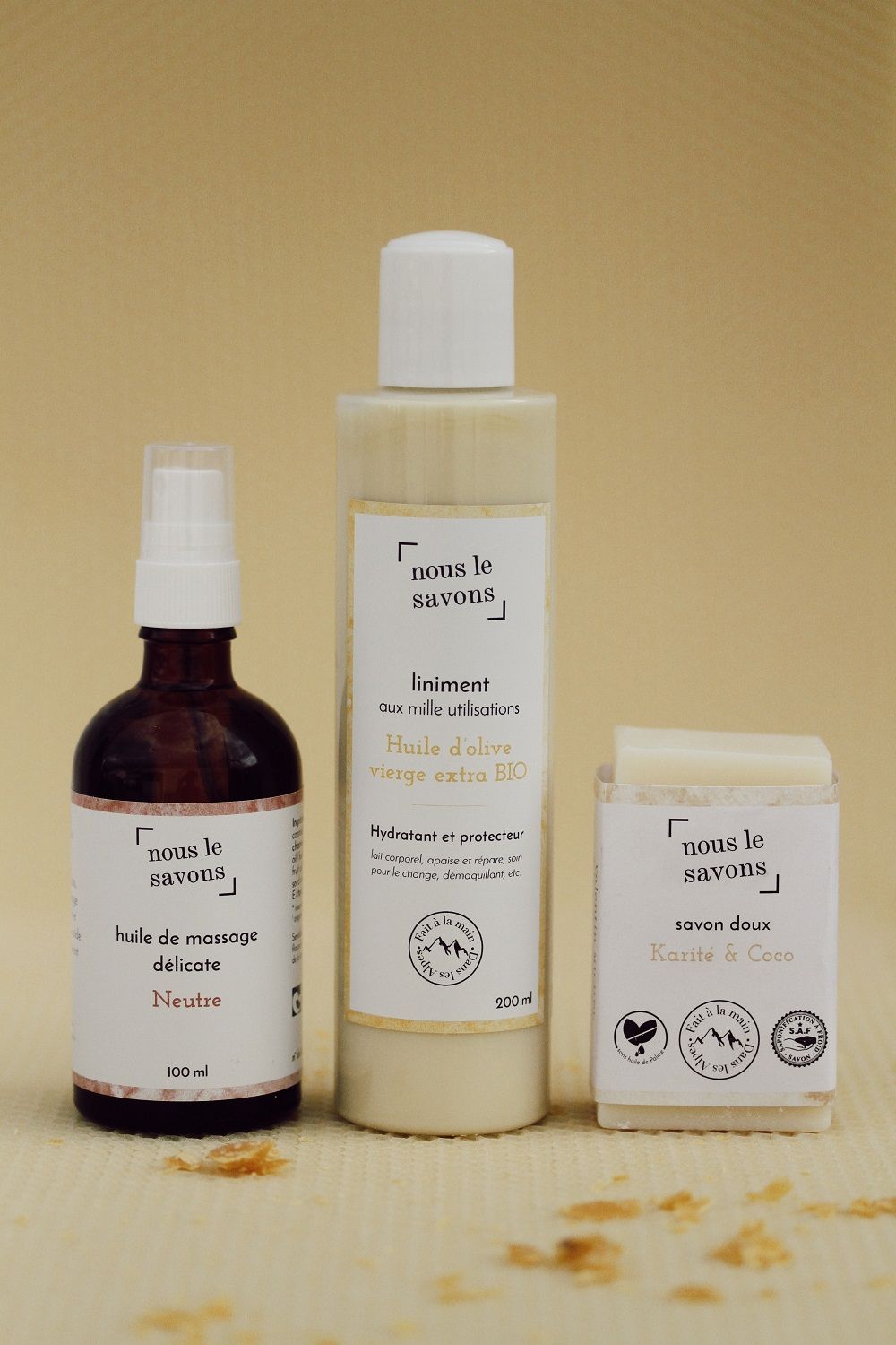 Savon coco karité, liniment ou huile de massage, des soins sains pour bébé