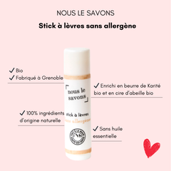 Stick à lèvres bio sans allergène Nous le Savons